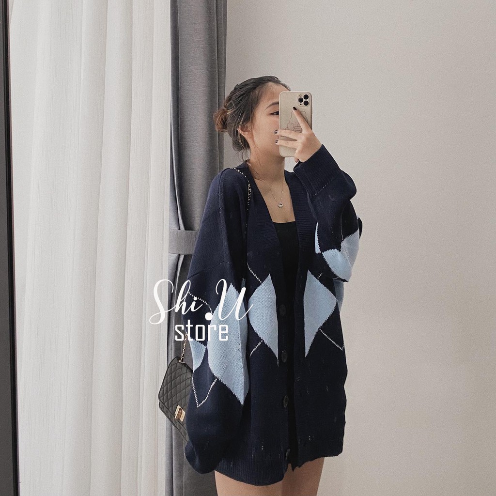 Áo Khoác Len Cardigan Tay Dài Kẻ Caro Quả Trám Dáng Rộng Ulzzang Hàng QC Chất Dày Mịn | BigBuy360 - bigbuy360.vn