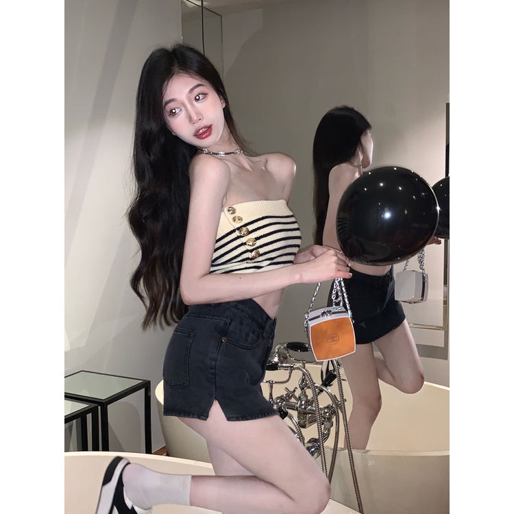 Kumikumi HUANG YOYO Áo Croptop Ống Mỏng Kẻ Sọc Phong Cách Hàn Quốc Thời Trang Mùa Hè 2023 Cho Nữ