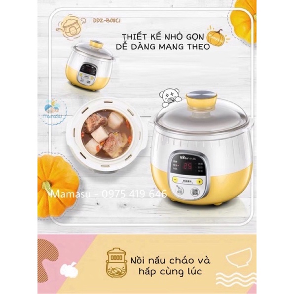 Nồi Nấu Cháo Cho Bé, Nồi Nấu Chậm_Hầm Cháo Đa Năng, Kèm Lồng Hấp_BEAR Dung Tích 0,8L - Bảo Hành 12 Tháng