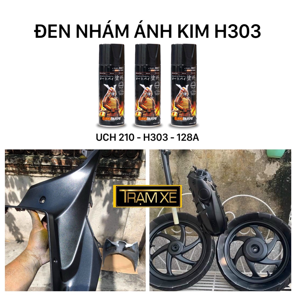 Combo Sơn xịt Samurai màu đen mờ H303 có ánh kim lấp lánh, đủ quy trình bền đẹp như sơn xe zin (uch210-h303-128a)