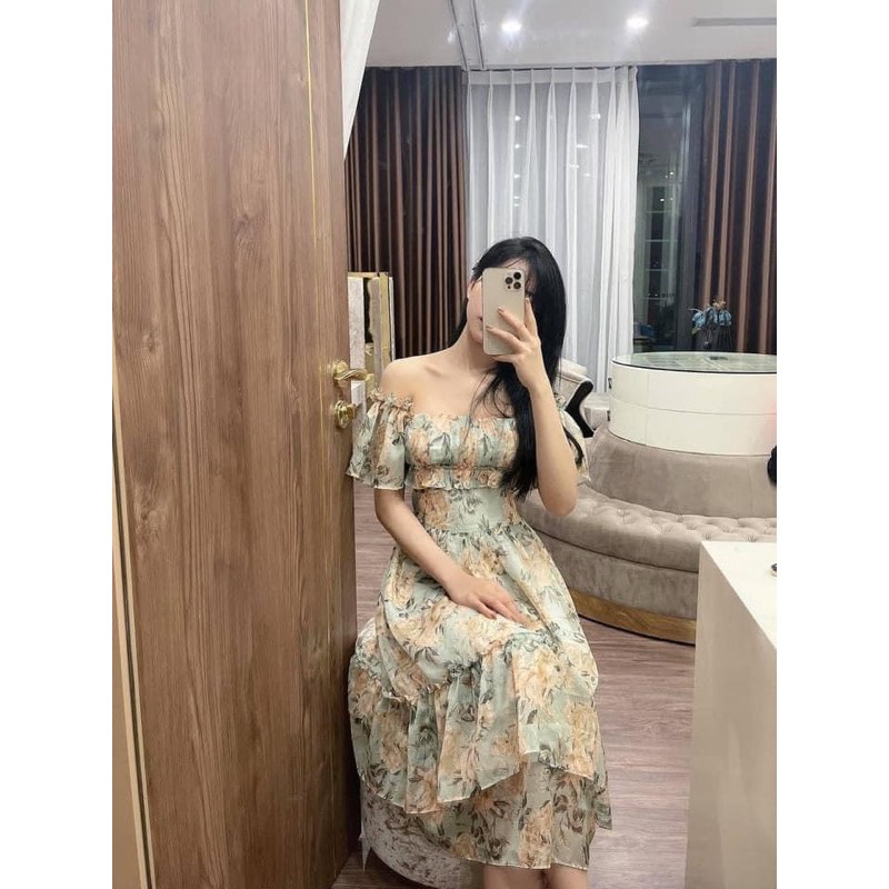Váy tơ hoa trễ vai