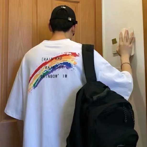 Áo Thun Form Rộng Tay Lỡ Họa Tiết Sọc Cầu Vồng Phong Cách Nhật Bản