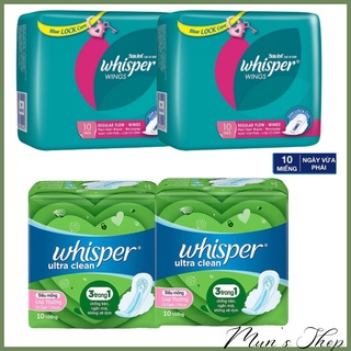 Băng vệ sinh WHISPER Ultra Clean 24cm - bvs Bịch 10 Miếng / Whisper Wing Regular Flow cánh loại dày 10 miếng