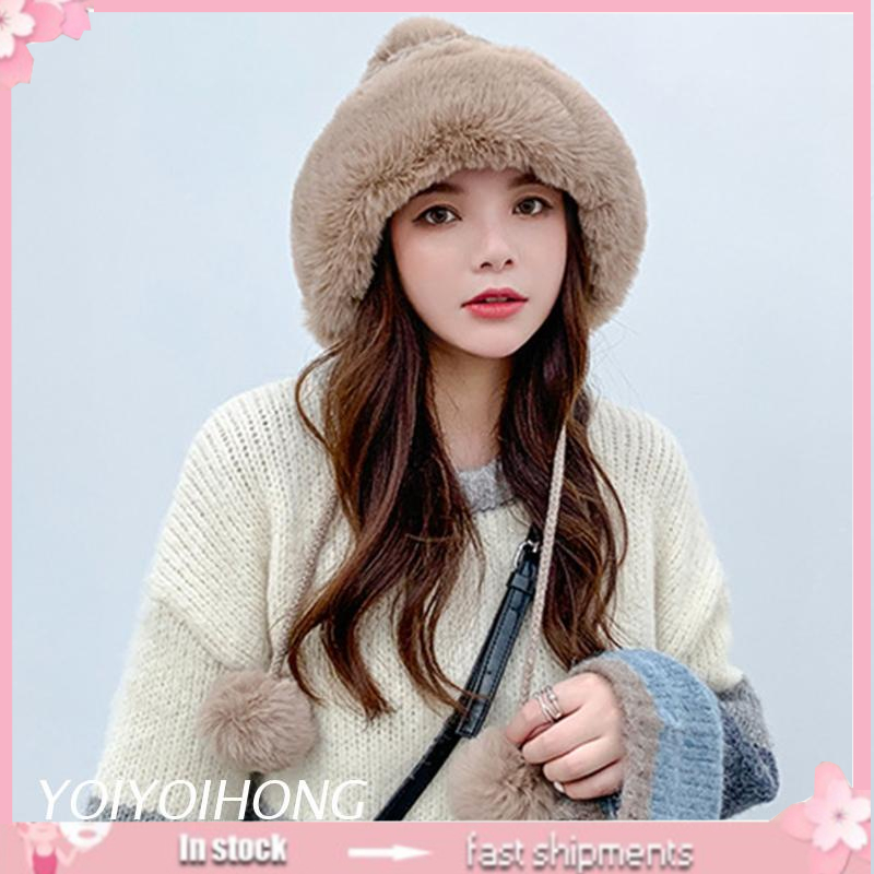 Mũ Len Dày Dặn Giữ Ấm Mùa Đông Chống Gió Màu Trơn Gắn Quả Bông Dễ Thương Cho Nữ