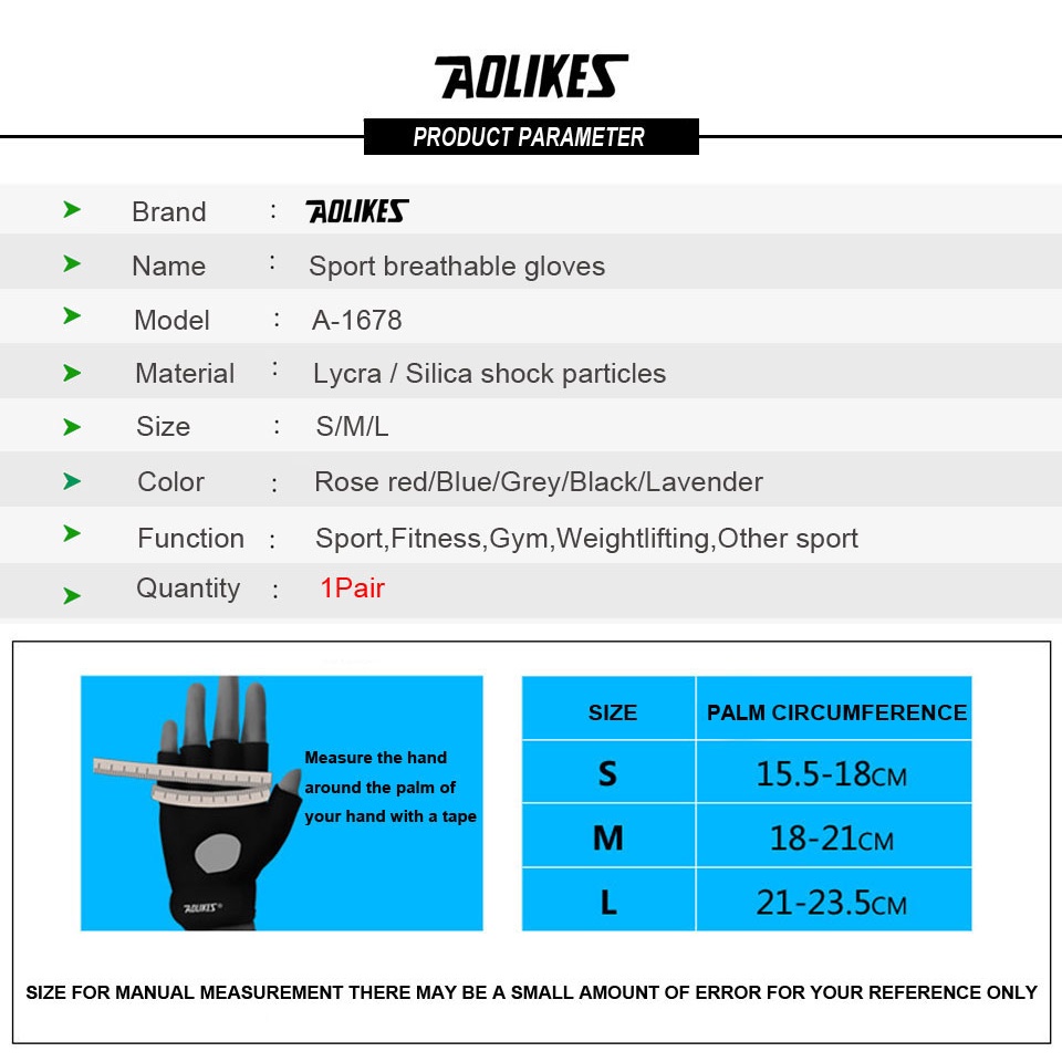 Găng tay tập gym AOLIKES A-1678 thiết kế hở ngón ôm tay chống trơn trượt sport sreathable gloves