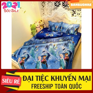 Bộ chăn ga gối poly 5 món,gồm 1 chăn hè 1 ga 2 vỏ gối nằm 1 vỏ gối ôm,chát chọn mẫu,mẫu công chúa elsa xanh