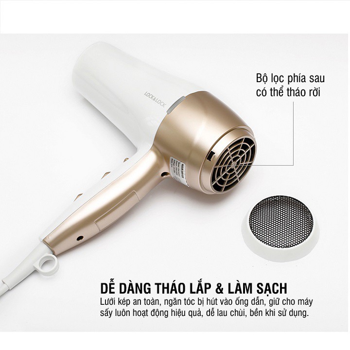 Máy Sấy Tóc Lock&amp;Lock ENA136WHT - Hàng Chính Hãng Bảo Hàng 12 Tháng, Có Đầu Xoay 360 Độ Với 3 Mức Chỉnh Nhiệt - JoyMall