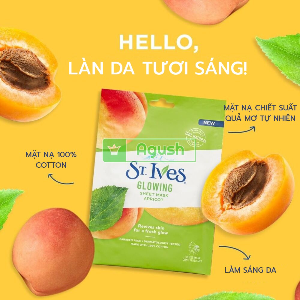 Mặt nạ trái cây cấp nước dưỡng ẩm sáng cho da khô St ives Mơ thiên nhiên miếng đắp mặt chính hãng tự nhiên 100% cotton