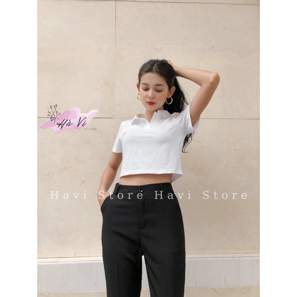 Áo croptop nữ có cổ vải cotton co giãn thoáng mát