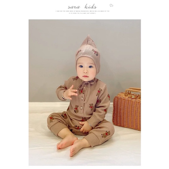 Bodysuit Dài Tay Kèm Mũ Cotton Sơ Sinh Quảng Châu Cao Cấp Cho Bé 0-12 Tháng Tuổi. Style Gấu Hàn Quốc Cực Đẹp Mẫu Mới