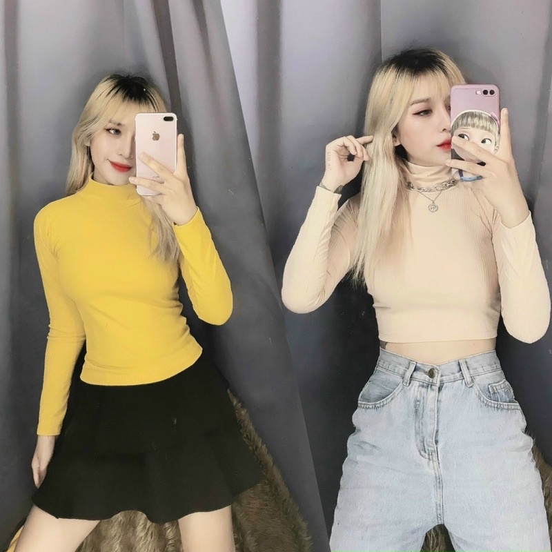 Áo thun nữ tay dài vạt bầu viền nổi có cúc tôn vòng 1 siêu xinh