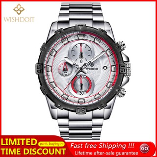 【Official product】WISHDOIT Men's Multifunction Three-eye Chronograph Sport swimming Quartz watches Stainless steel strap Calendar Luminous function Business Casual watch Personalized fashion trend watch