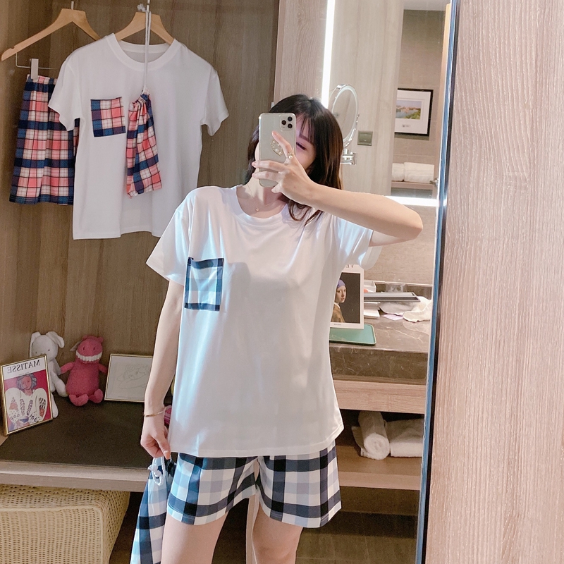 summer women new korean plaid print short-sleeved T-shirt and shorts pajama set 2 pieces | BigBuy360 - bigbuy360.vn