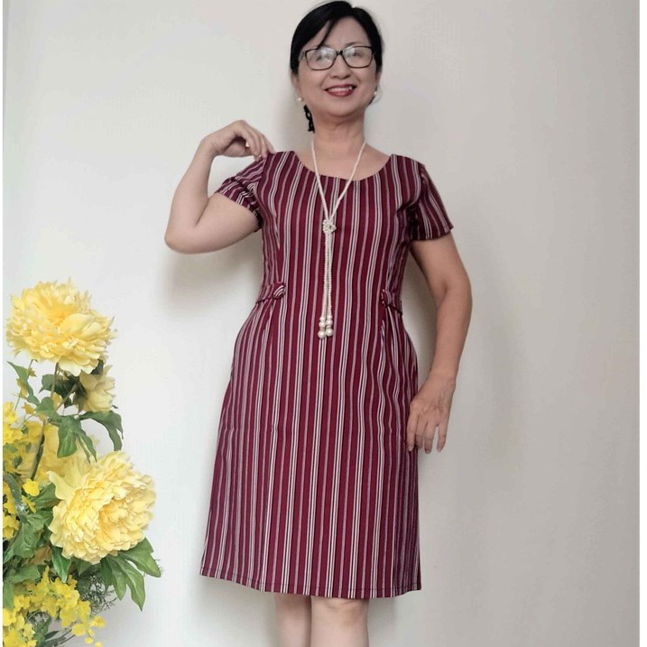 Váy Đầm Trung Niên Size L - Dáng Suông - Vải Cát Hàn Co Giãn - (48KG - 55KG)