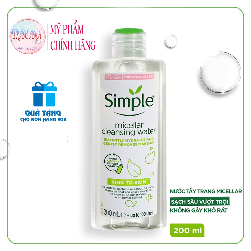 Nước tẩy trang Simple Kind to Skin Micellar Cleansing Water 200ML