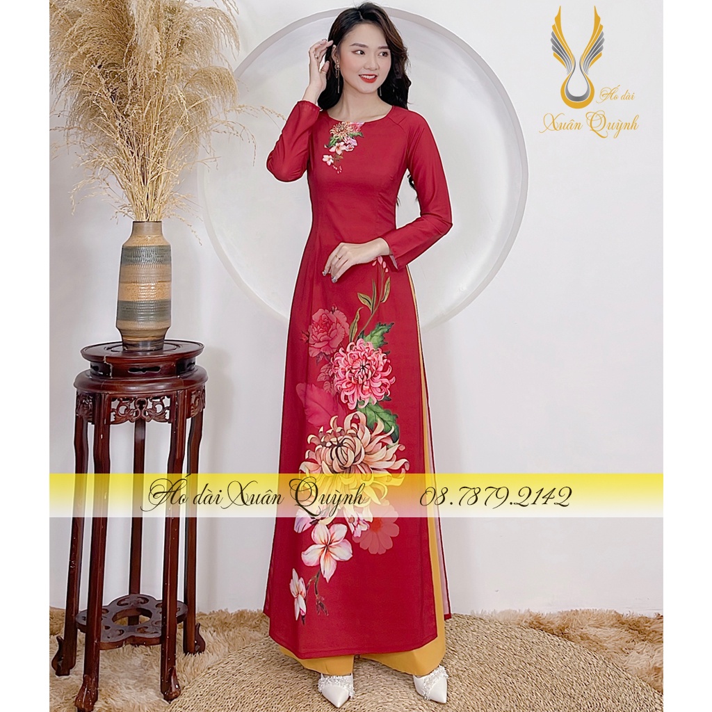 Áo Dài Trung Niên Hoạ Tiết Hoa Cúc Nền Đỏ Đô, Lụa Habutai Co Dãn Mềm Mại K87 - Áo Dài Xuân Quỳnh