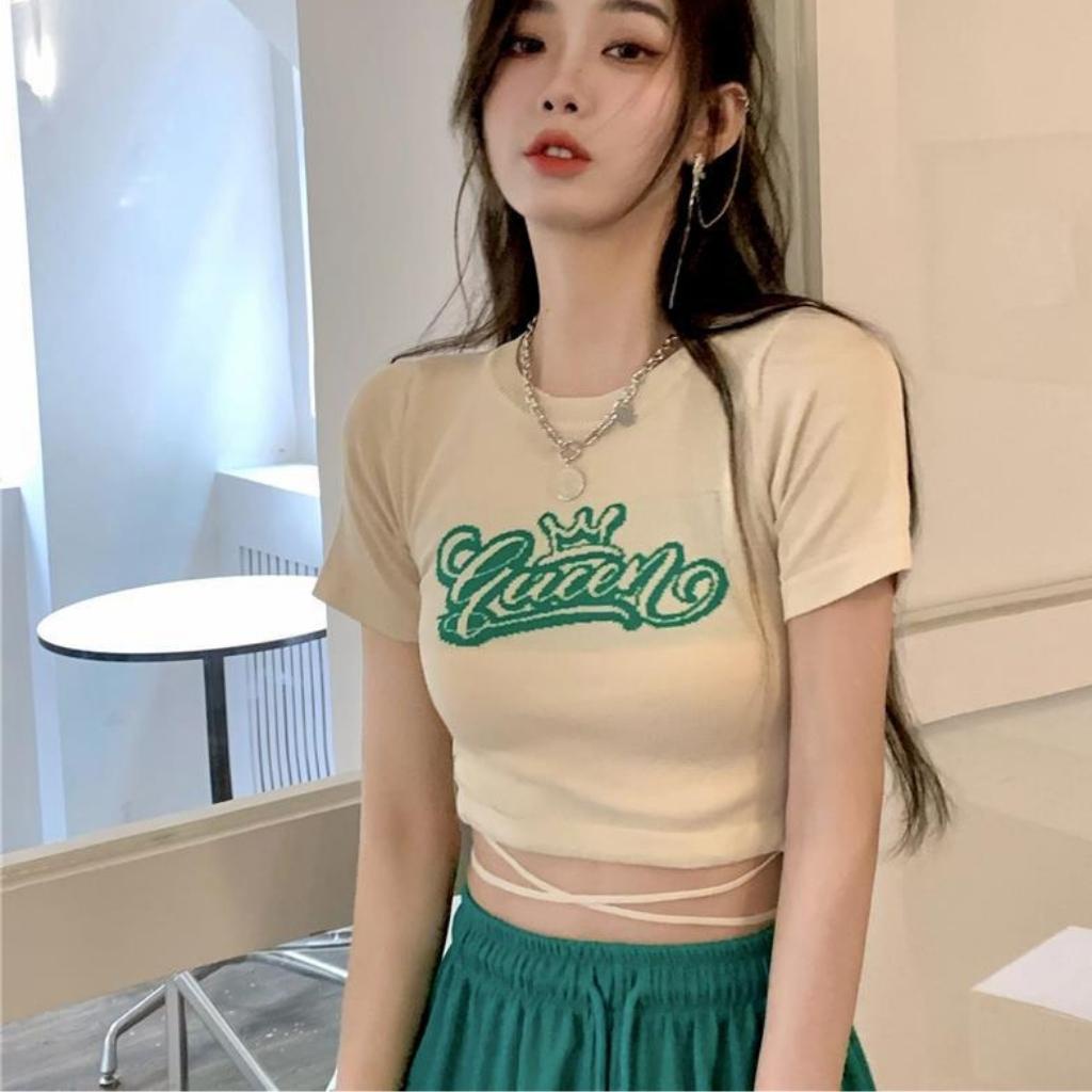 Áo croptop nữ ôm body phối dây eo cực tôn eo Xquin, Áo kiểu nữ ngắn tay in chữ trước ngực cực đẹp