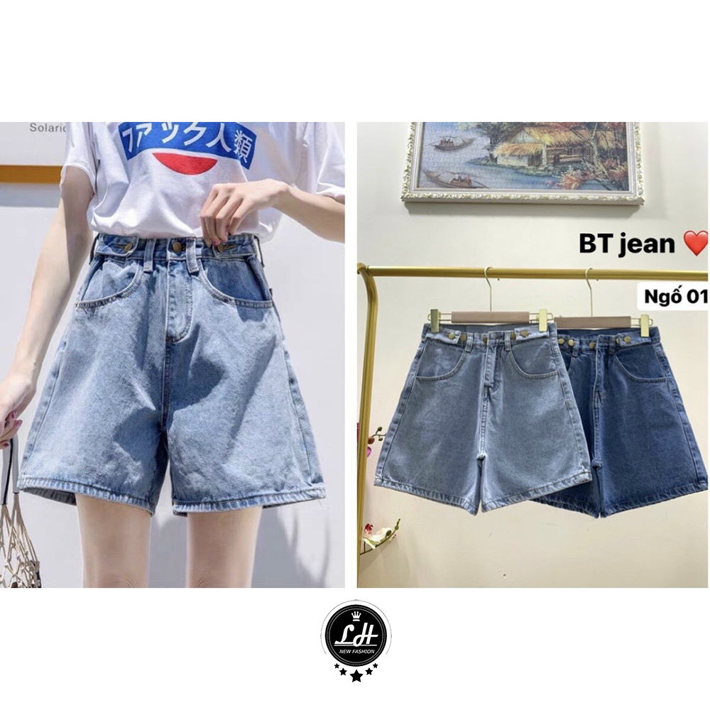 Quần ngố nữ ống rộng, quần short jean lưng cao hai nút kiểu túi nắp, túi vuông, 2 đai siêu dễ thương giá rẻ siêu hạt dẻ