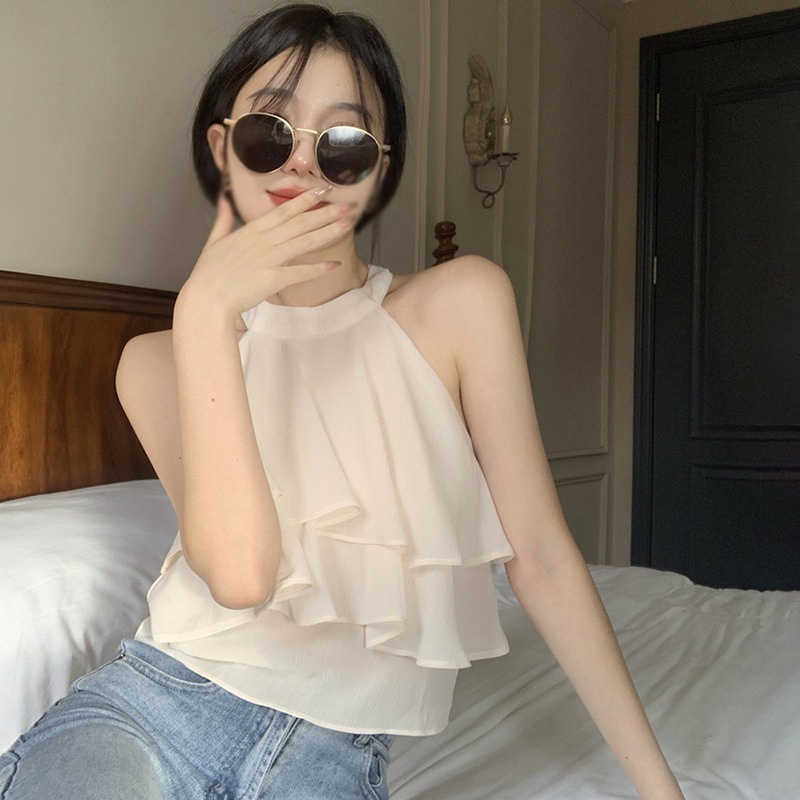 Áo Hai Dây Phối Bèo Màu Trơn Phong Cách Vintage Đầu bể Halter Thời Trang Cho Nữ