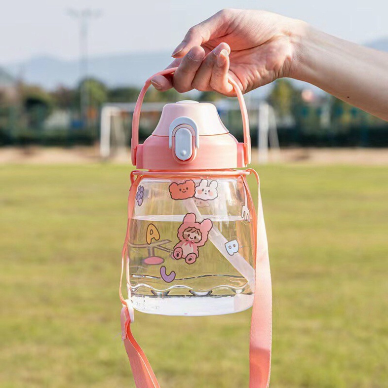 Bình Nước 1300ml Trong xuốtFREESHIPDung Tích 1.3 lít Kèm Dây Đeo Và Sticker Đáng Yêu
