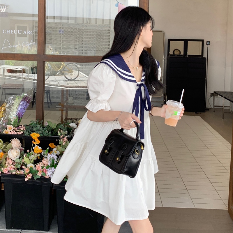 IELGY Đầm Dáng Rộng Màu Trắng Cà Vạt Màu Xanh Navy Thời Trang Cho Nữ