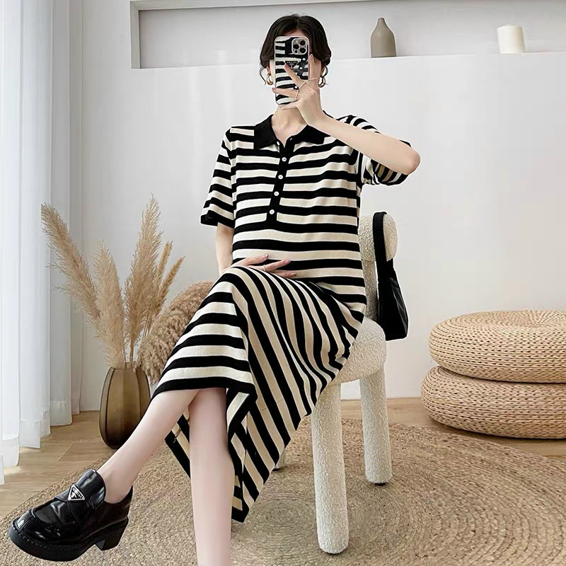 Váy bầu công sở mùa hè chất thun cotton mát Dambauxinh-L1092 Đầm bầu thiết kế freesize dưới 76kg