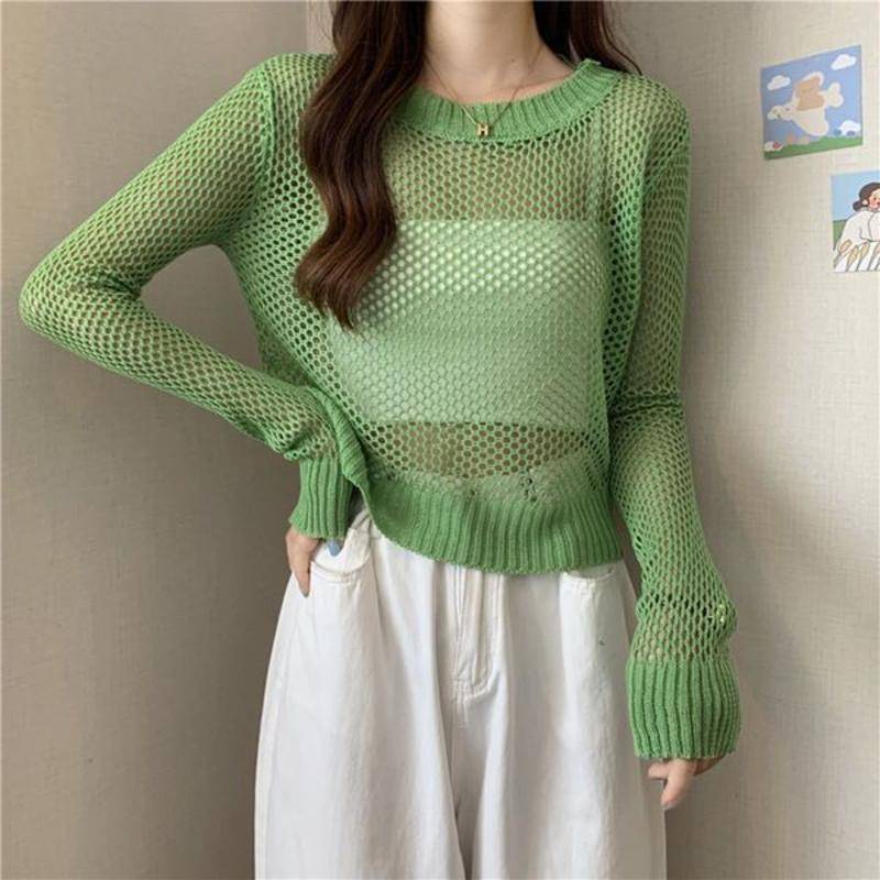 Áo Dệt Kim Tay Dài Phồng Cổ Tròn Dáng Rộng Phong Cách Hàn Quốc Cổ Điển Thời Trang Cho Nữ