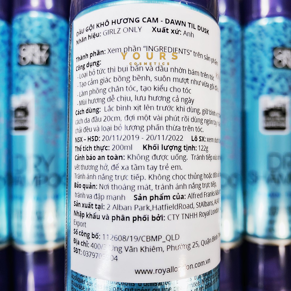 [Đại Lý Chính Thức] Dầu Gội Khô Girlz Only Hương Cam Dawn Til Dusk Dry Shampoo 200ml - Kiểm Định An Toàn Bộ Y Tế