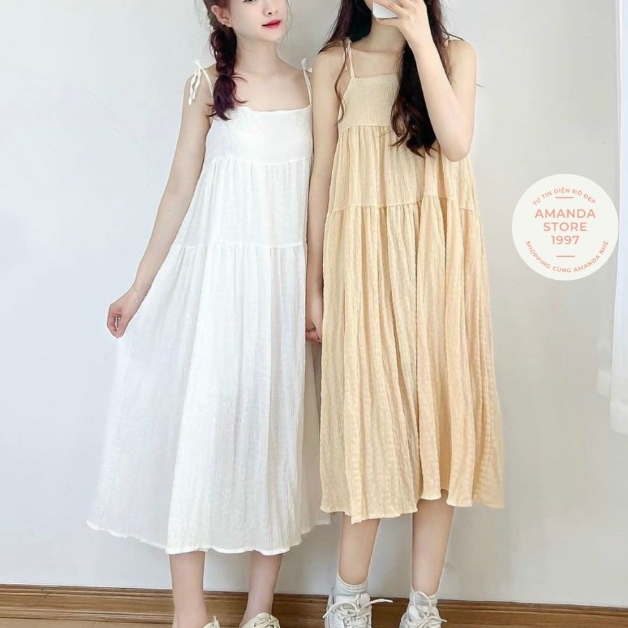 Váy 2 dây đi biển, chất cotton kẻ xốp 5 màu hót hít