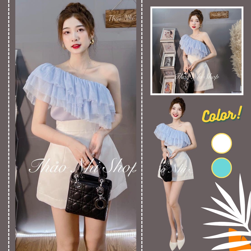 Set Áo Xanh Lệch Vai Cổ Bồng Xếp Tầng Kèm Chân Váy Trắng TYLANSTORE Vải Voan Tơ Mềm Mại Sexy