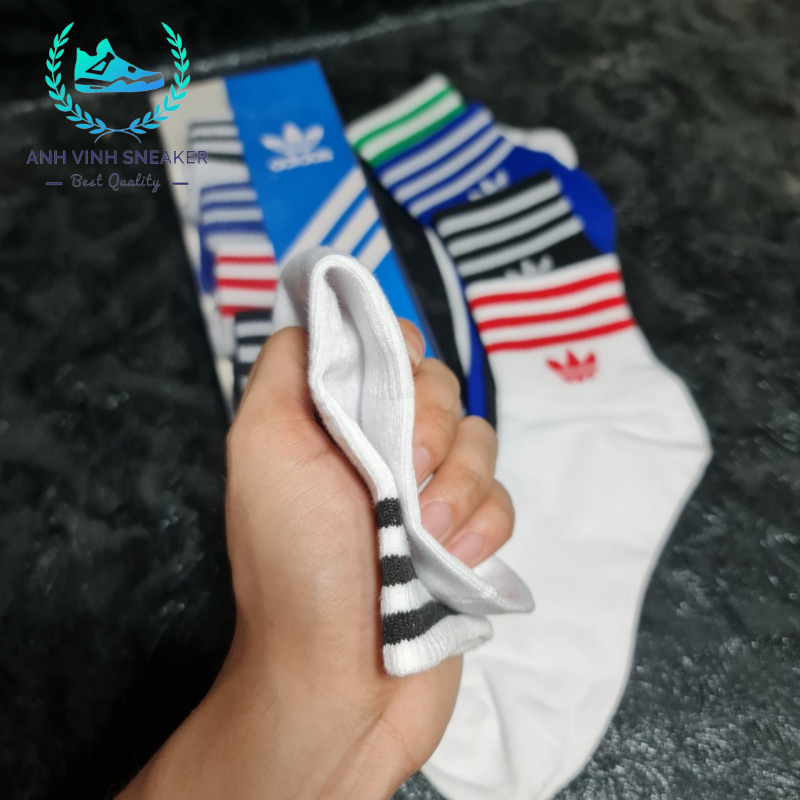 Tất Vớ Adidas Cổ Trung Nam Nữ Đen Trắng Xanh Nhiều Màu Cao Cấp 3 Sọc Logo 3 Lá Hộp 5 Đôi