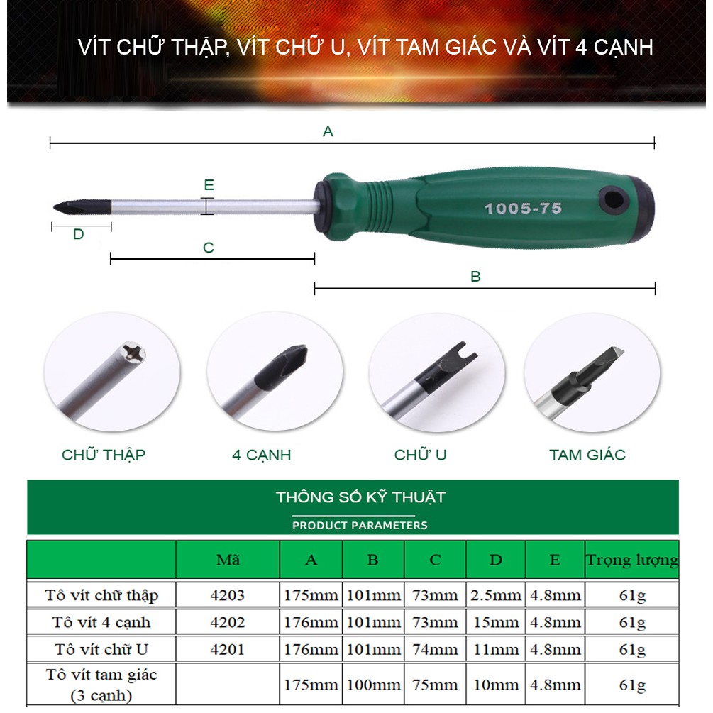 Bộ 4 tô vít đặc biệt: tô vít chữ thập, tô vít 4 cạnh, tô vít chữ U, tô vít tam giác 3 cạnh; có từ tính TUOSEN