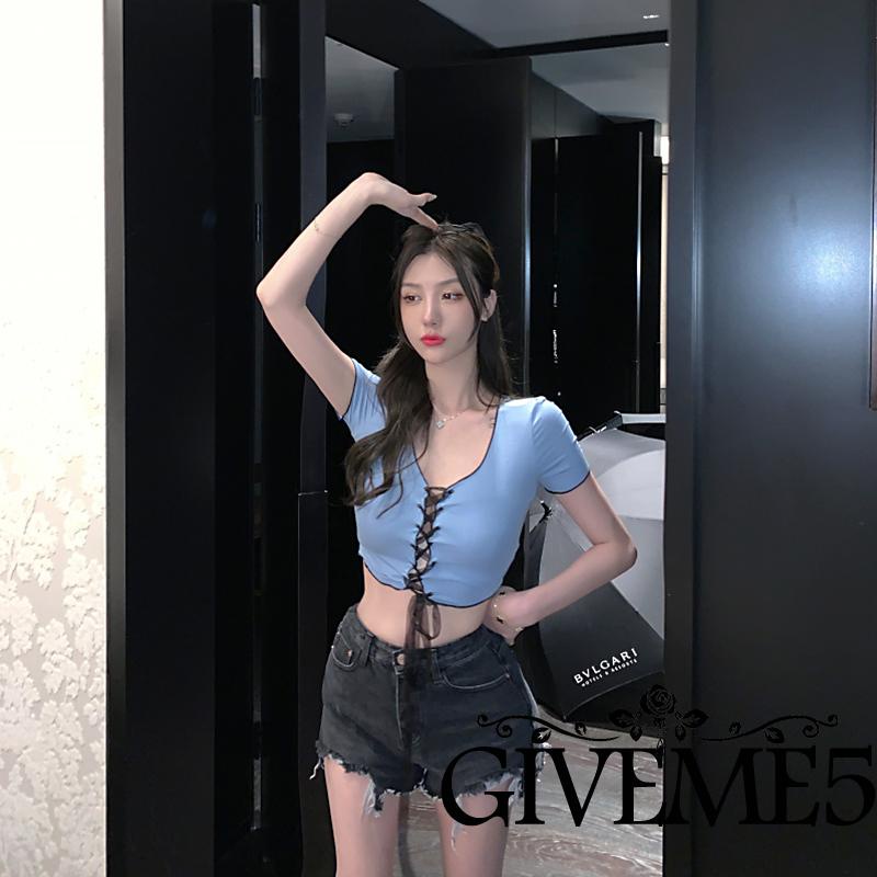 Áo thun croptop tay ngắn cổ chữ V màu sắc thời trang cho nữ