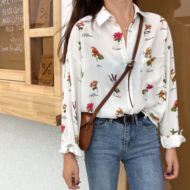 Women Korean Floral Print Shirt Long-sleeved Shirt Red Plaid Blouse