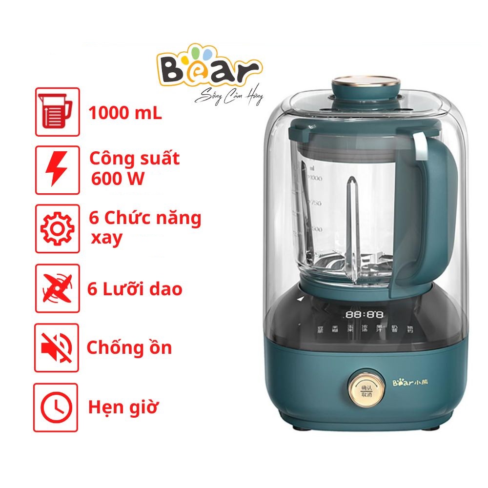 Máy làm sữa hạt đa năng Bear PBJ B06-W01 độ ồn thấp, nấu cháo, súp, xay sinh tố, nước ép, hẹn giờ thông minh