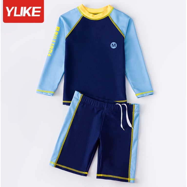 Đồ bơi bé trai tay dài quần lửng Yuke phối viền vàng đơn giản phong cách - Không nón YY5523