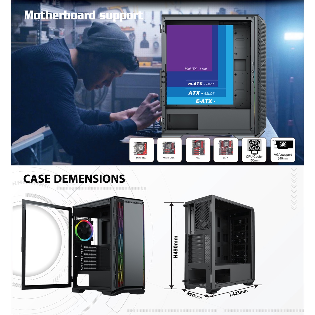 Vỏ máy tính Case VSP P700 (ATX, MATX, ITX, EATX) Kính cường lực không FAN - Chính hãng