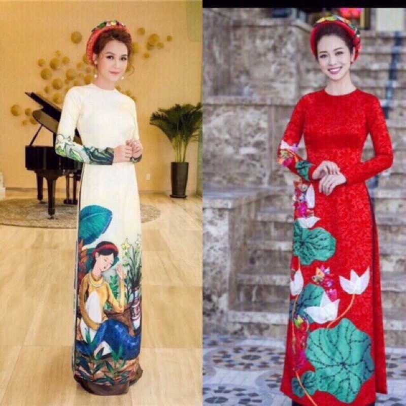 Áo dài gấm in 3D + mấn  cao cấp