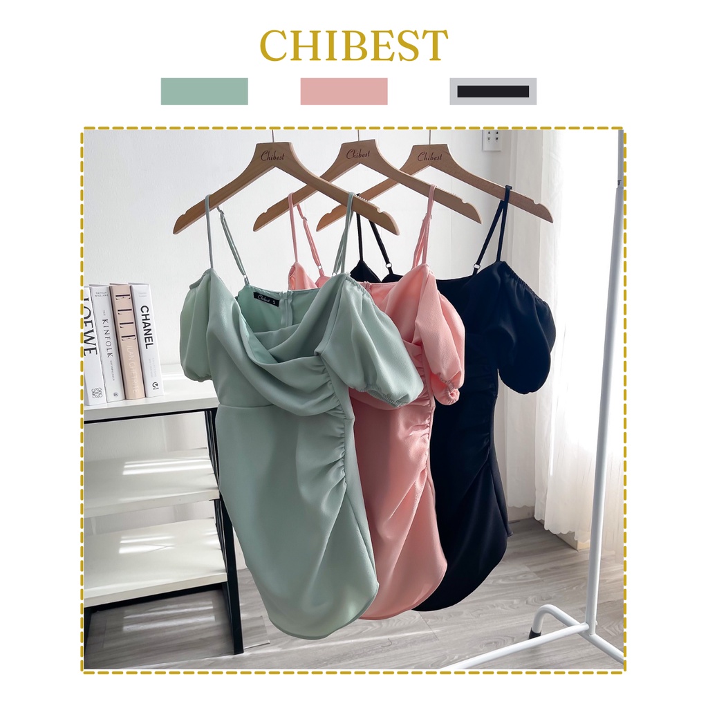 Đầm body 2 dây phối tay phồng rớt vai kiểu nhún eo ôm hông tôn dáng CHIBEST HDB616