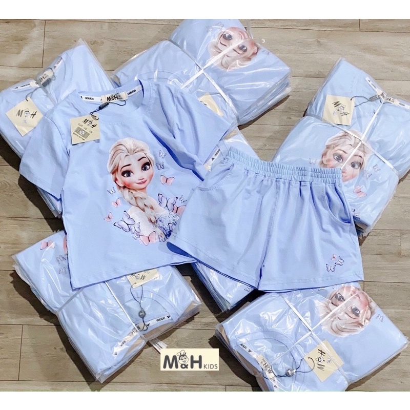 Bộ elsa bé gái cộc tay thun cotton mùa hè, Set công chúa băng giá xanh Hồng trẻ em mềm mịn, co giãn thoải mái, đẹp xinh