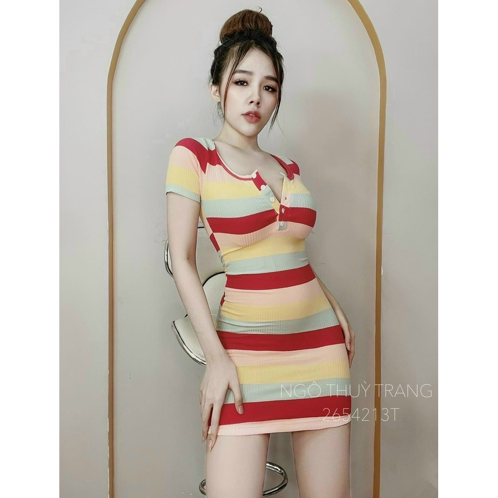 Đầm Body Sọc Ngang Chất Thun Gân Co Giãn