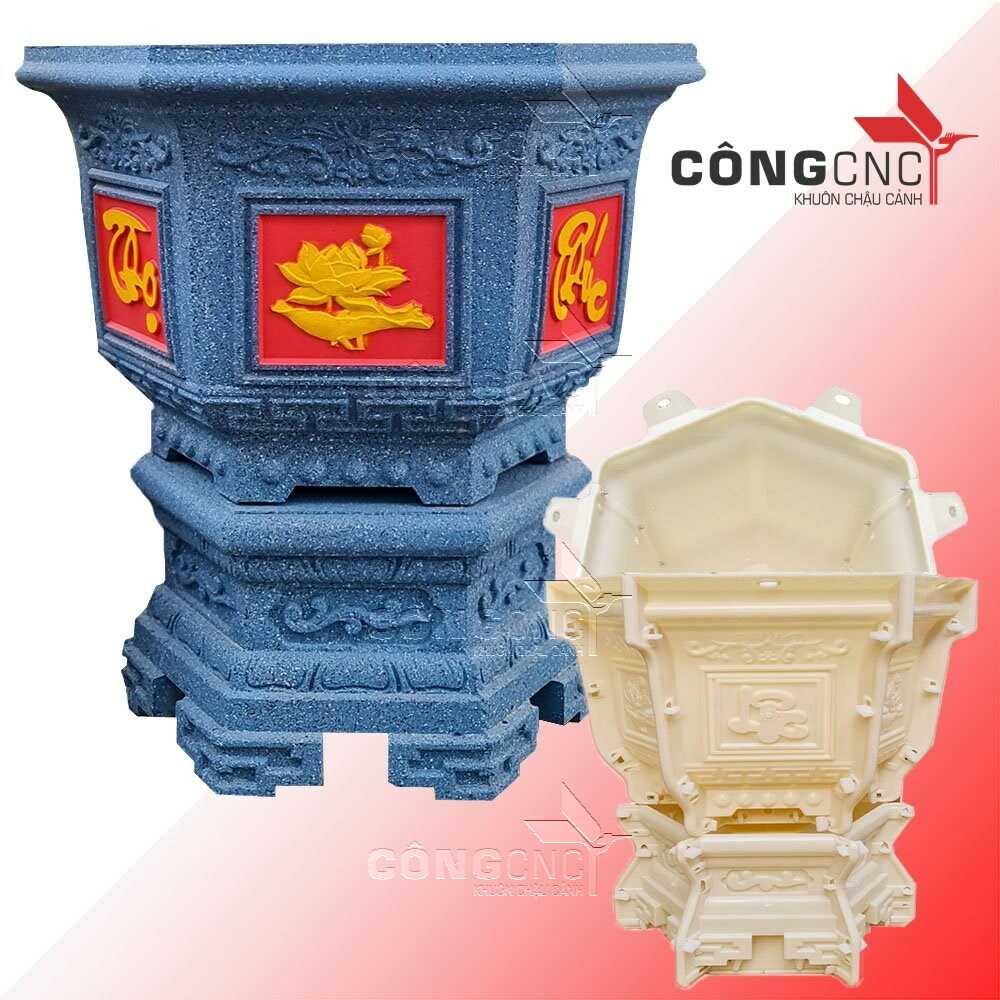 Khuôn Chậu Cảnh ABS Lục Giác 45 Sen - Phúc Lộc Thọ - cá chép - tài lộc-tết tài lộc + chân đôn 45 - LG45SPLTDK