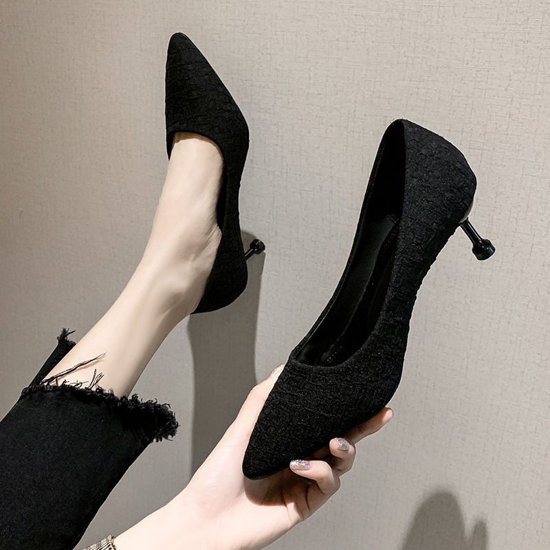 2020 giày cao gót mới của phụ nữ mùa xuân stiletto sexy mèo với tất cả các trận đấu màu đen mỏng làm việc mũi nh