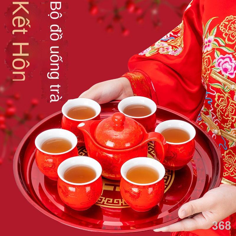 RBộ trà cưới màu đỏ Trung Quốc Hạnh phúc đôi vợ chồng mới cưới Bộ ấm trà tách trà cốc thẳng