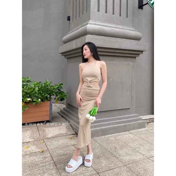 SALE Đầm body cổ yếm cột dây khoét eo thun nổi lưng smocking
