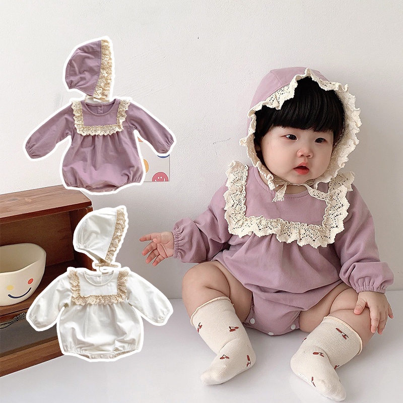 Bộ áo liền quần cổ bèo kèm mũ tay dài thời trang dễ thương mùa thu cho bé gái