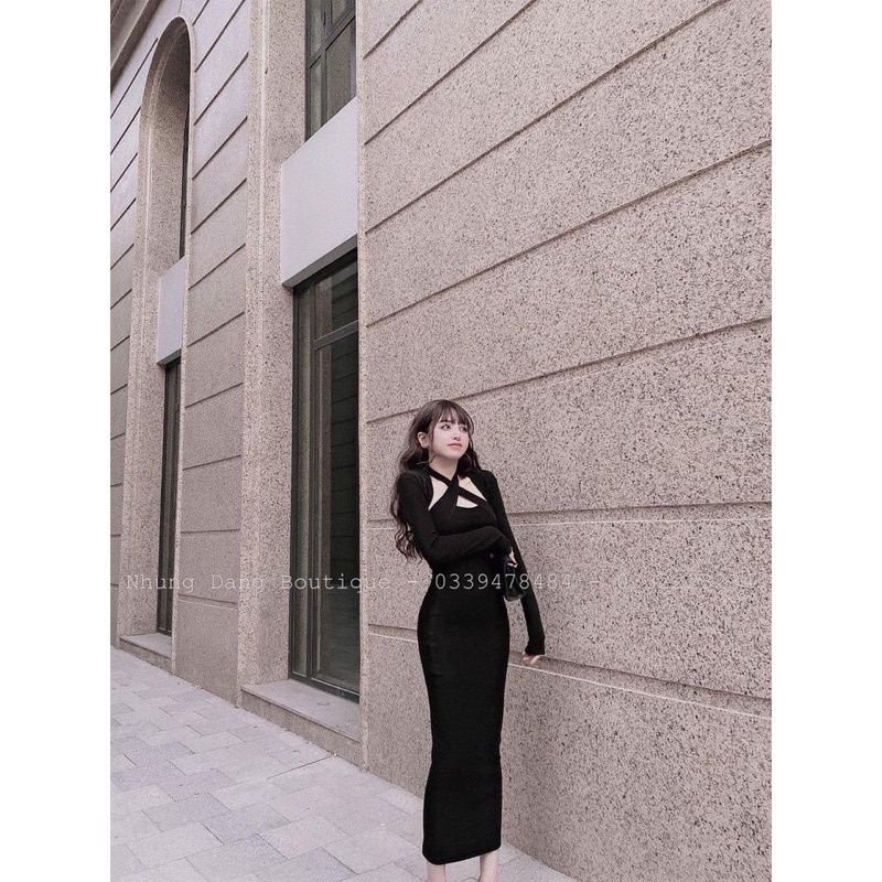 Đầm Thun Cổ Yếm Chéo Tay Dài Khoét Ngực - Dáng Dài Maxi Ôm Body Sexy