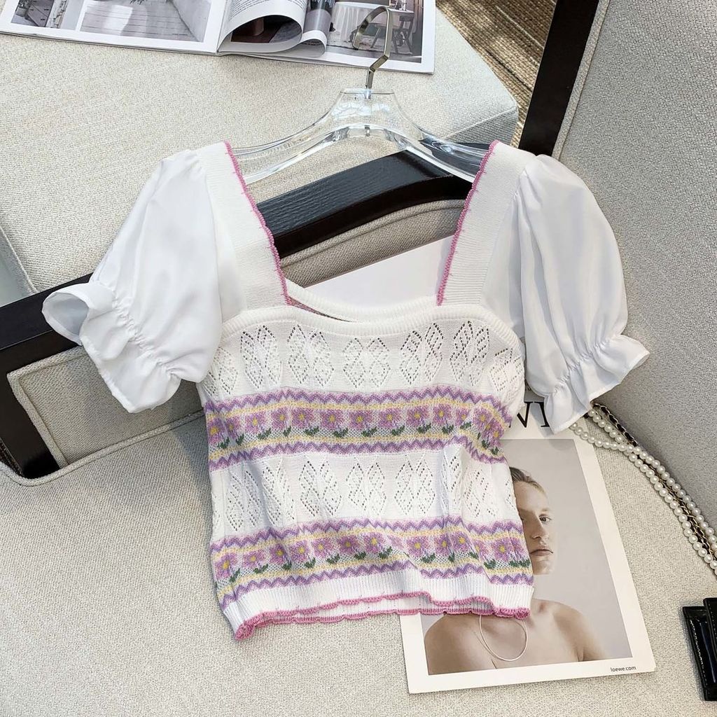 Áo Croptop Dệt Kim Tay Bồng Hoạ Tiết Hoa Thời Trang Mùa Hè Dành Cho Nữ