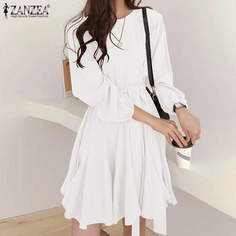 Đầm ngắn ZANZEA tay dài phồng cổ tròn ống tay co giãn xếp ly dành cho nữ