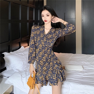 Đầm hoa dài tay cổ chữ v thời trang nữ